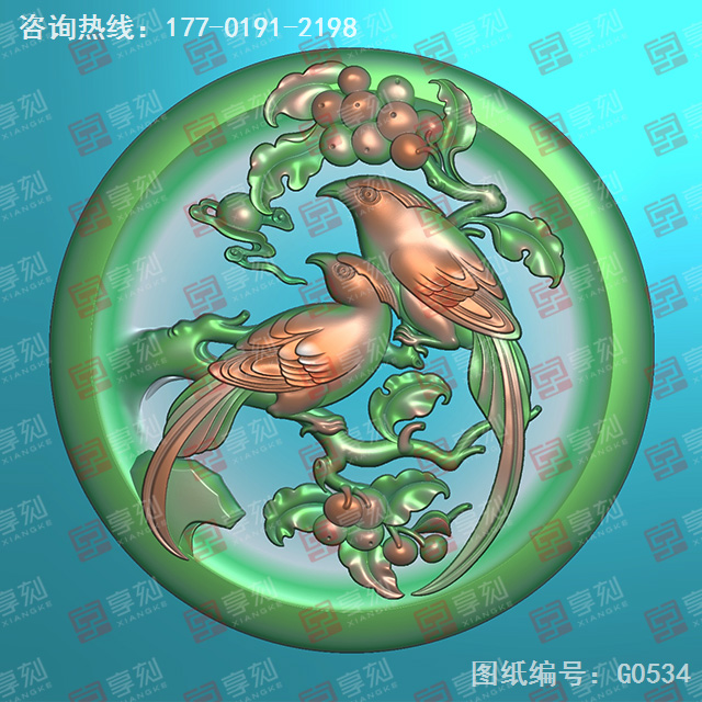 花鳥畫眉鳥玉石吊墜精雕圖紙_五軸雕刻機廠家