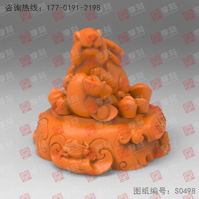聚寶盆寓如意兔工藝品3d模型圖stl_享刻五軸雕刻機